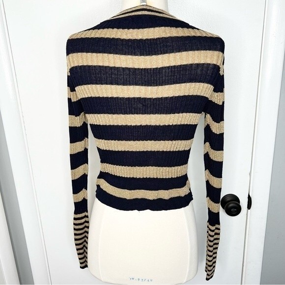 Zara Knit Top Navy and Metallic Gold Stripe Long Sleeve Crop Stretch - Picture 3 of 7